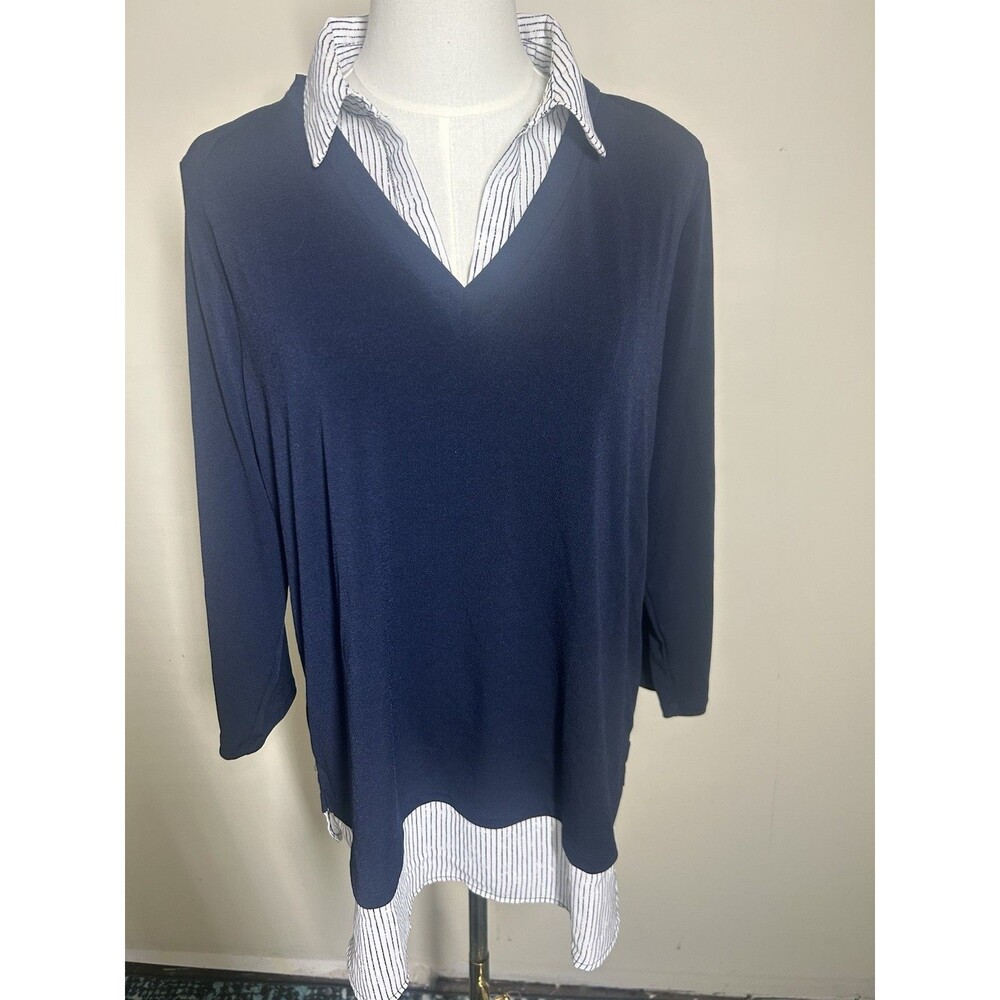 Adrianna Papell Womens Blouse XL Navy/White Layered Stretch 314